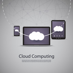 Cloud Computing and Networks Concept with Laptop Computer, Tablet and Smartphone. Eps 10 Stock Vector Illustration