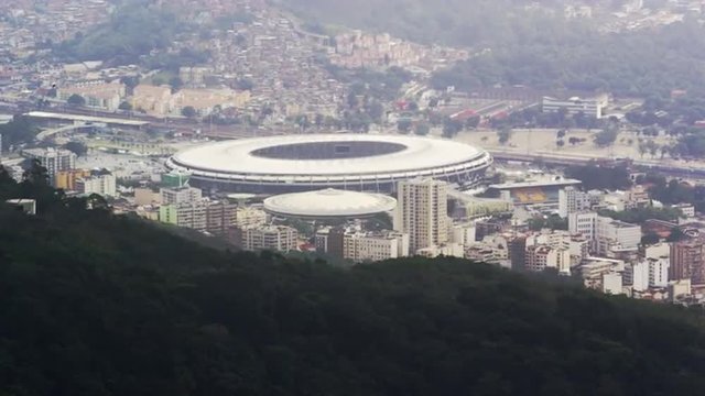 Panning aerial view of Maracan&atilde; Stadium in Rio de Janeiro.