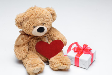 Teddy Bears couple with red heart. Valentines Day concept.