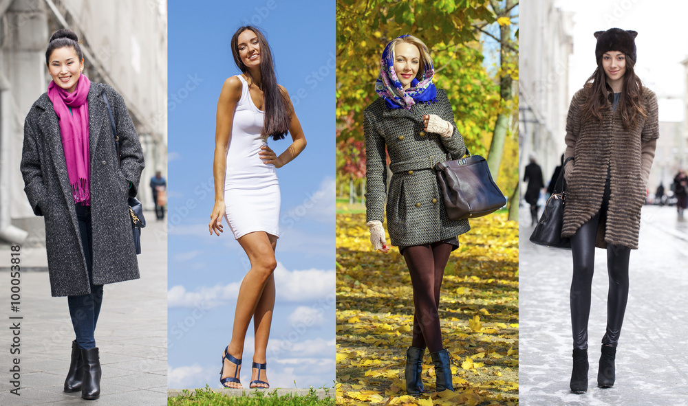 Wall mural Collage of four different models in fashionable clothes for the