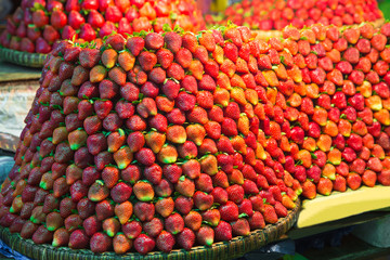 Row upon row of fresh, juicy  garden strawberries for retail sal