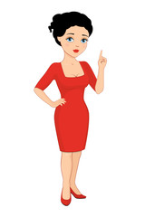 Vector illustration of a cartoon beautiful brunette with blue eyes in a red sheath dress pointing up. Isolated on white.