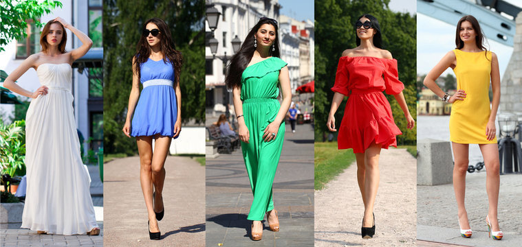 Collage of five beautiful models in colored summer dresses © Andrey_Arkusha
