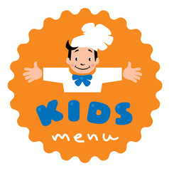 Sticker for Kids Menu with funny cook boy and logo