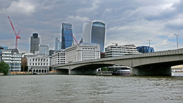 View to river Thames and London business center skyscrapers