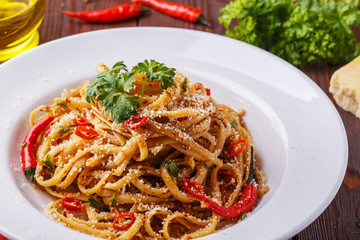 Homemade linguine pasta in arrabbiata sauce.