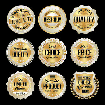 Set of  Gold and White Badge on Black Background. Best Price, Best Choice, Premium Quality, Limited Edition.