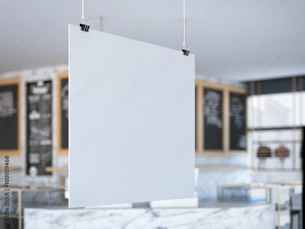 Poster white signboard hanging in cafe. 3d rendering