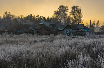 Peaceful frosty morning in small village in Sumskaya oblast, Ukraine.