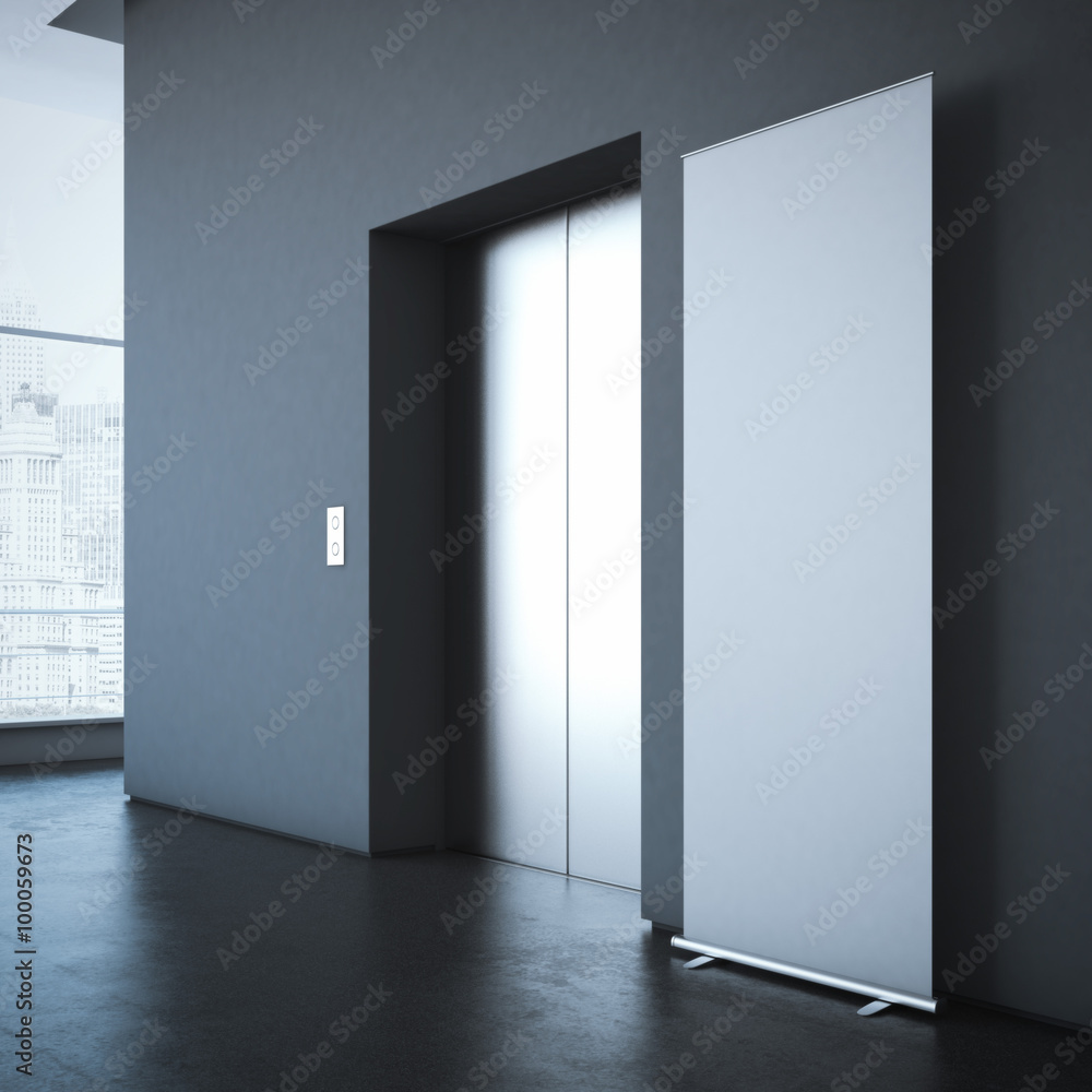 Poster blank roll up bunner in the office lobby . 3d rendering