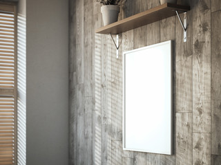 Blank canvas on the wooden wall in interior. 3d rendering