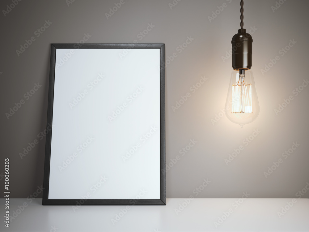 Poster blank white frame with glowing bulb. 3d rendering