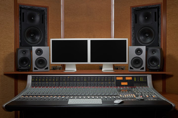 Shot of a control room in professional audio recording studio