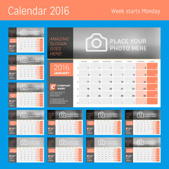 Calendar Planner for 2016 Year. Vector Design Calendar Planner Template with Place for Photo. Week Starts Monday. Set of 12 Months.