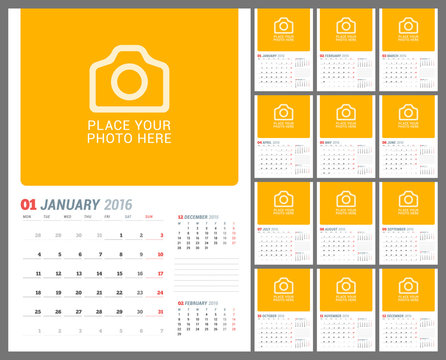 Wall Monthly Calendar Planner for 2016 Year. Vector Design Print Template with Place for Photo and Notes. Week Starts Monday. Set of 12 Pages