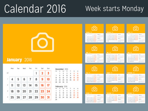 Calendar for 2016 Year. Vector Design Print Template. Week Starts Monday. Calendar Grid with Week Numbers. Set of 12 Months
