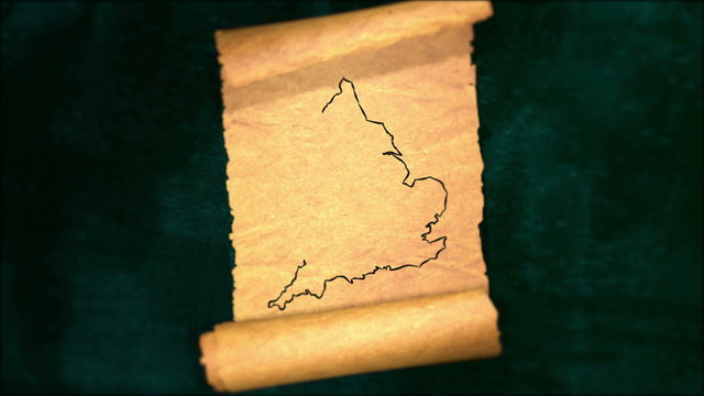 England Map Painting Unfolding Old Paper Scroll 3D 4K