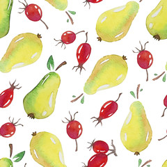 Seamless Patterns with  watercolor pears and rosehip