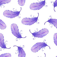 Watercolor seamless pattern with bird feathers.