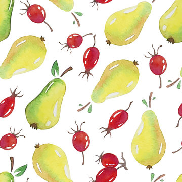 Seamless Patterns with  watercolor pears and rosehip
