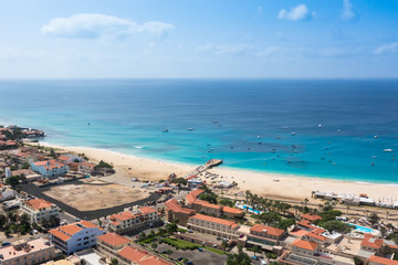 Fototapeta premium Aerial view of Santa Maria beach in Sal Island Cape Verde - Cabo