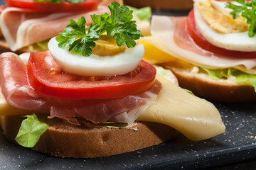Delicious sandwich with prosciutto ham, cheese, tomato and egg