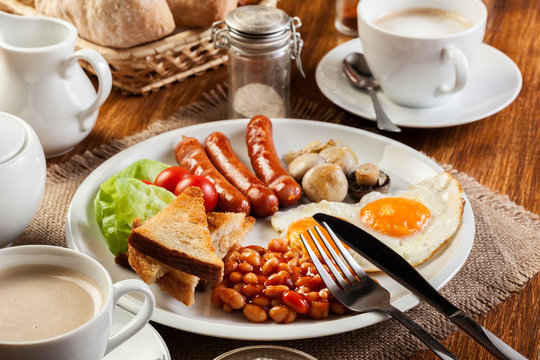 English breakfast with sausage