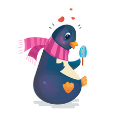 Valentine's Day Penguin. Cute penguin with ice cream in a scarf. Romantic vector illustration. Can be used for books, cards, printing.