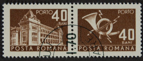 ROMANIA - CIRCA 1967: A stamp printed in Romania shows Central Post Office building (National...
