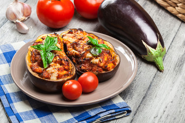 Baked eggplant with pieces of chicken