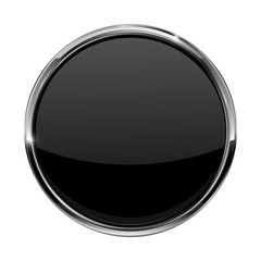 Black button. Shiny glass button with metal frame.