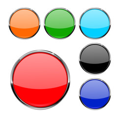 Buttons. Shiny glass round button with metal frame.