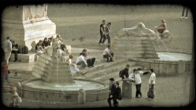 People in Plaza. Vintage stylized video clip.