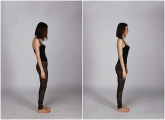 an example of good and poor posture, straight and bent spin - collage