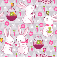 Easter concept seamless pattern in vector. Cartoon background with cute rabbits.