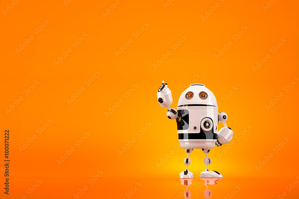 Poster cute 3d robot pointing away. contains clipping path