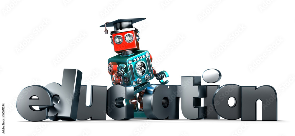 Poster retro robot with education sign. isolated. contains clipping path