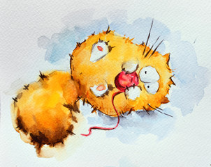 Funny lazy red cat playing with a ball of threads. Watercolor painting.