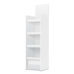 White POS POI Cardboard Floor Display Rack For Supermarket Blank Empty Displays With Shelves Products On White Background Isolated. Ready For Your Design. Product Packing. Vector EPS10 
