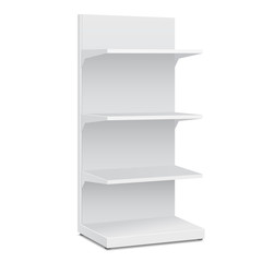 White Blank Empty Showcase Displays With Retail Shelves Products On White Background Isolated. Ready For Your Design. Product Packing. Vector EPS10