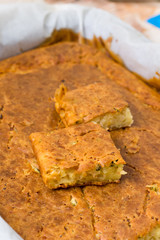 Homemade pie with cheese ham and cucumber