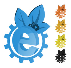 vector icon color  gears with green leaves and the letter e in the gear wheel