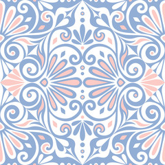 Traditional  seamless vintage pink, white and blue square floral Greek ornament, Meander