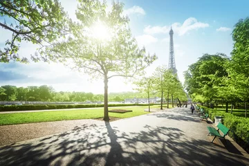 Fototapeten sonniger Morgen und Eiffelturm, Paris, Frankreich © Iakov Kalinin