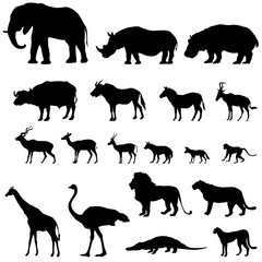 African animals silhouettes set. Vector animals of tropical zone