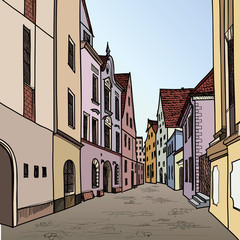 Old town. Pedestrian street in the old european city. Historic cityscape