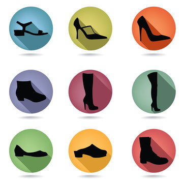 Shoes and boots icon set. Fashion accossories button collection.