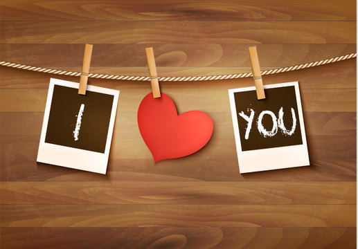 Background with red heart and two photos. Valentine's day vector