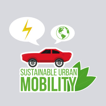 sustainable urban mobility illustration with green text over gra