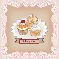 Bakery shop label. Vintage cupcake poster design. Sweets in retro style